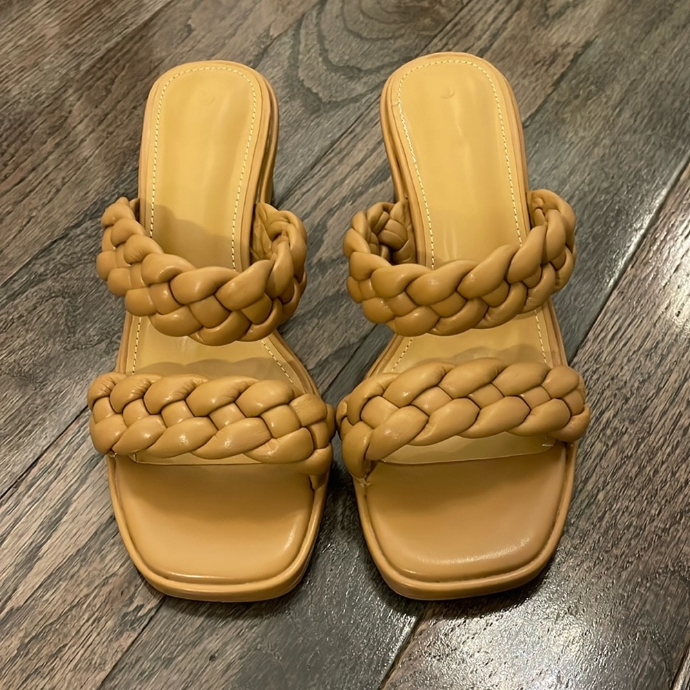 Women’s Square Open Toe Backless Slip-on Chunky Heeled Sandals - camel sz 6